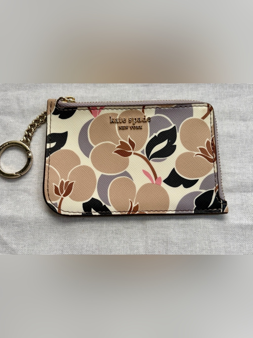 kate spade Beige Floral Zip Card Case with Black and Pink Accents-Breezy Floral